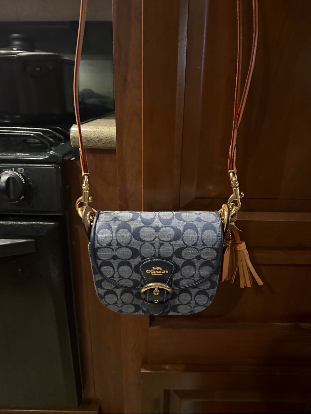 Coach Blue Signature Canvas Crossbody with Tan Strap